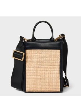 A New Day Black and Natural Straw Top-Handle Crossbody Tote